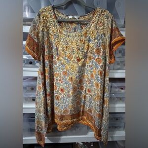 Dolma Elegant Floral Women's Blouse in Mustard Yellow and Blue